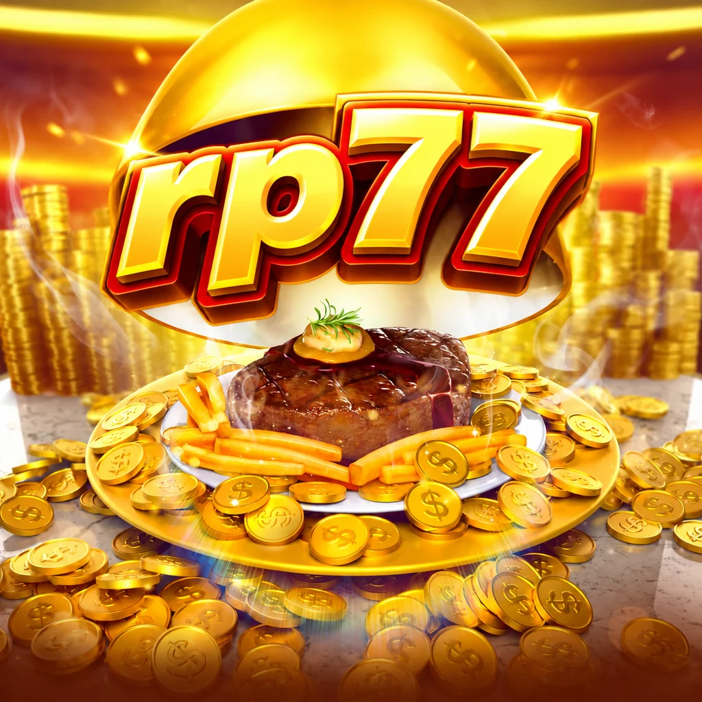 Logo rp77 dengan ilustrasi aneka hidangan restoran lezat dari game Diner Delights